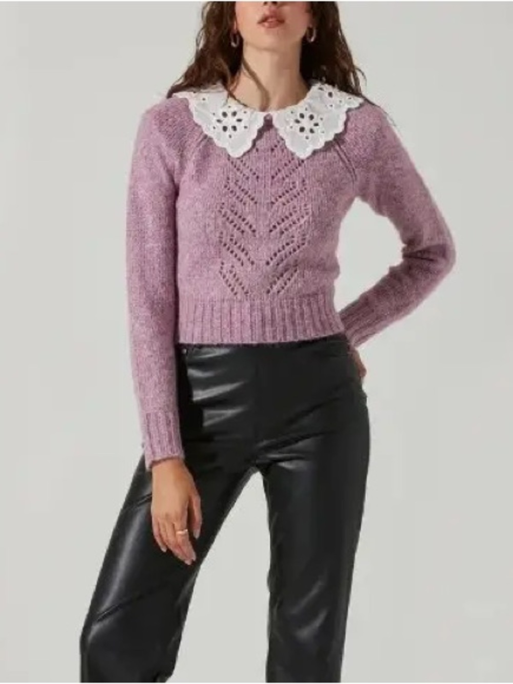 ASTR THE LABEL ANTHROPOLOGIE Lavender Knit Crop Sweater White Eyelet Collar XS
